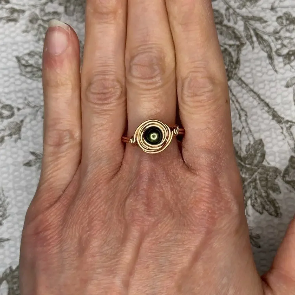 Handmade copper wire wrap ring green bead